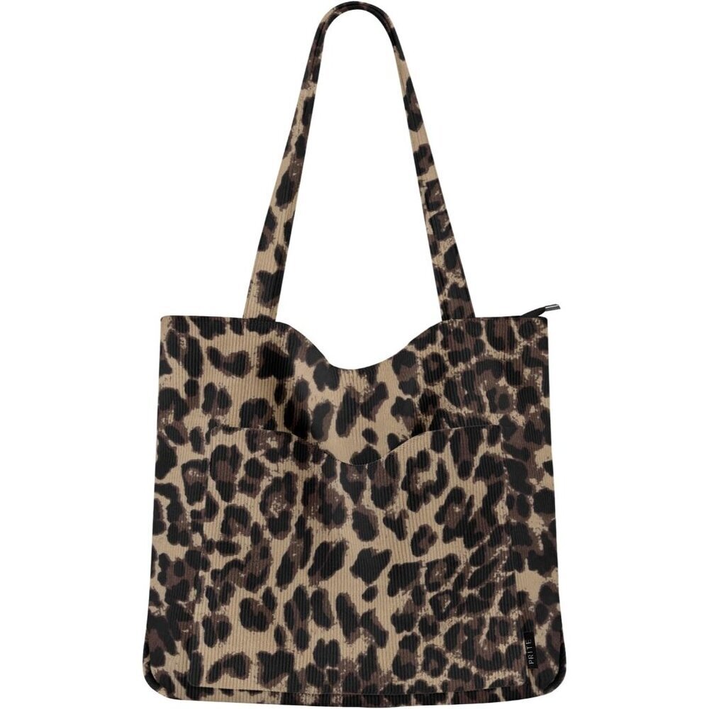Women Leopard Corduroy Polyester Lining Shoulder Bag with Zipper And Pockets